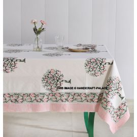 HP White Hand Block Tree Printed 6 Seater Dinning Table Decor Cover With 6 Napkins