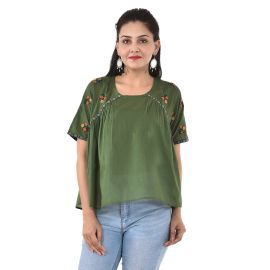 GOODWILL Casual Half Sleeve Solid Embroidered Women Green Cotton Top