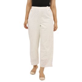 GOODWILL Women's Regular Fit Ankle Length White Cotton Schiffli Trouser