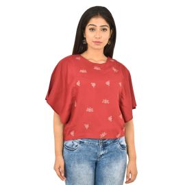 GOODWILL Women's Casual Petal sleeve Solid Embroidered Maroon Rayon Top